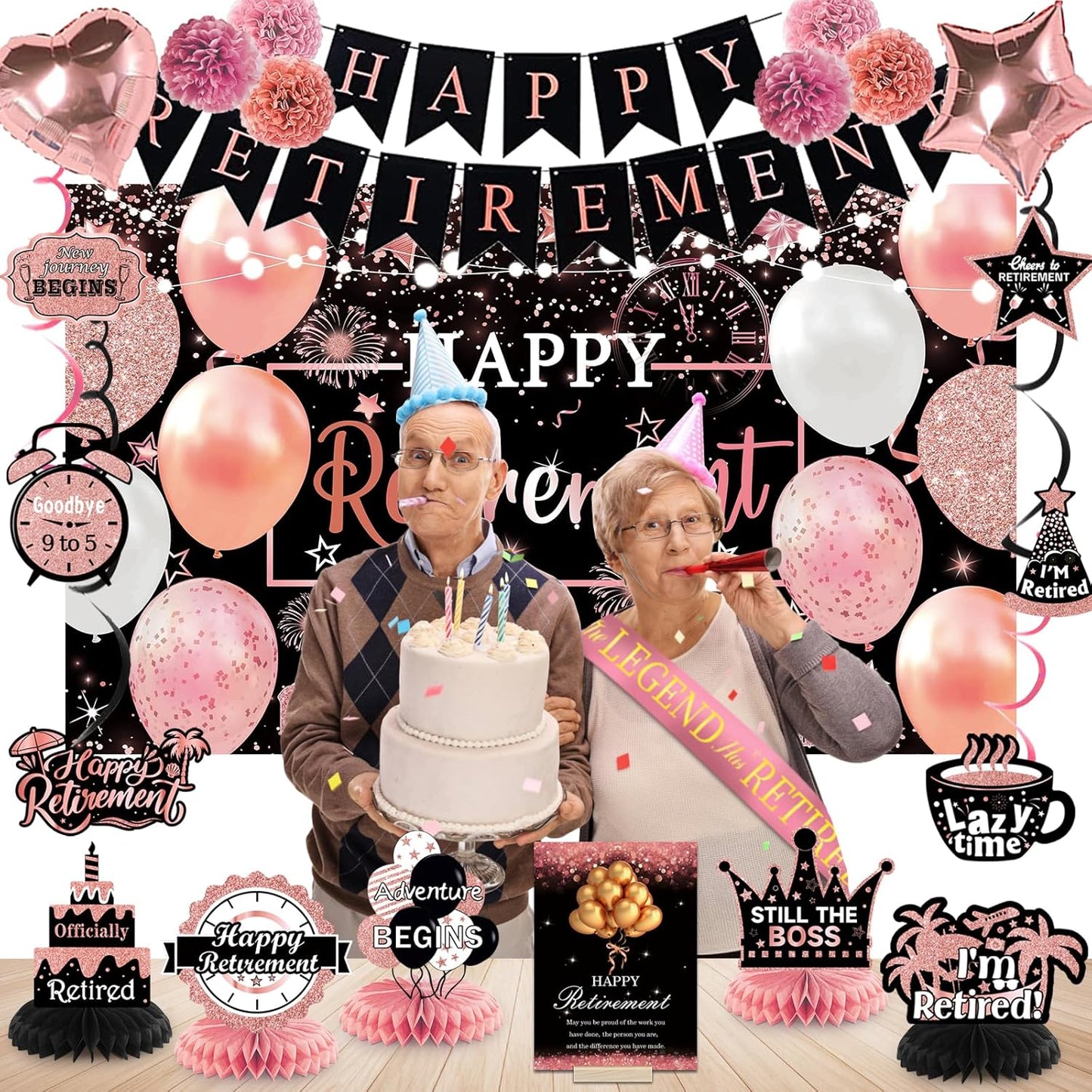 Retirement Party Decorations Women Rose Gold Happy Retire Decorations Happy Retired Banner Backdrop Honeycomb Centerpiece Sash Greeting Card Hanging Swirls Retirements Party Supplies