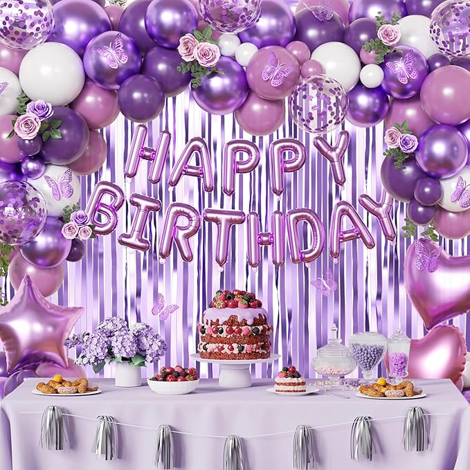 Purple Birthday Decorations for Women Girls, Metallic Dark Dusty Purple White Purple Foil Confetti Balloons Happy birthday Banner Purple Butterfly Fringe Curtains Birthday Decorations