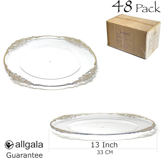 allgala Heavy Quality Round Charger Plates - Charger for Dinner Plates - Set of Charger Plates for Table Decor - Ideal for Weddings, Weddings, Thanksgiving Parties & Holidays - Clear (13-Inch 48-Pack)