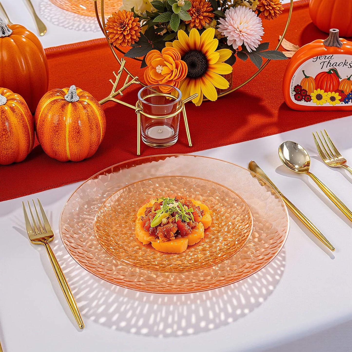Rubtlamp 60Pcs Thanksgiving Plastic Plates, Orange Plastic Disposable Plates With Hammered Design, Orange Party Platos, Fancy Disposable Platos Include 30Dinner Plate,30Desssert Plate For Party