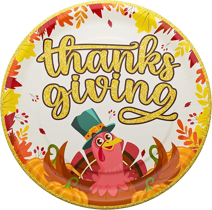 Thanksgiving Party Plates and Napkin (52 pieces for 16 guests) - Thanksgiving Party Supplies, Thanksgiving Party Decorations, Fall Theme Party, Turkey Party Plates and Napkins, Blue Orchards