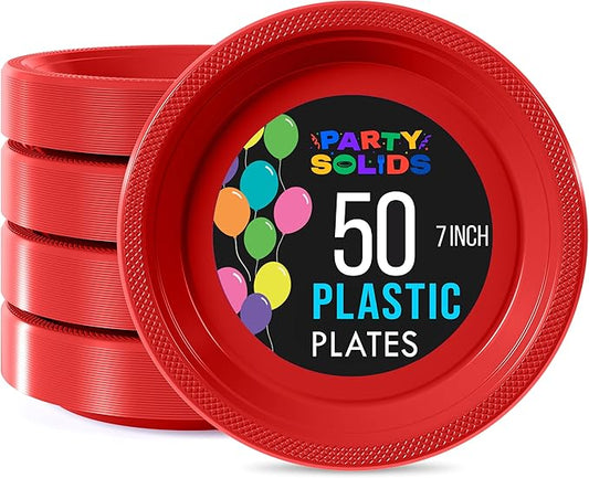 Exquisite Party Solids Red Plastic Plates For Party Supplies 7" Red Disposable Plates Heavy Duty 50 Pcs Plastic Dinnerware Sets Heavy Duty 350 GSM Disposable Dinnerware Set