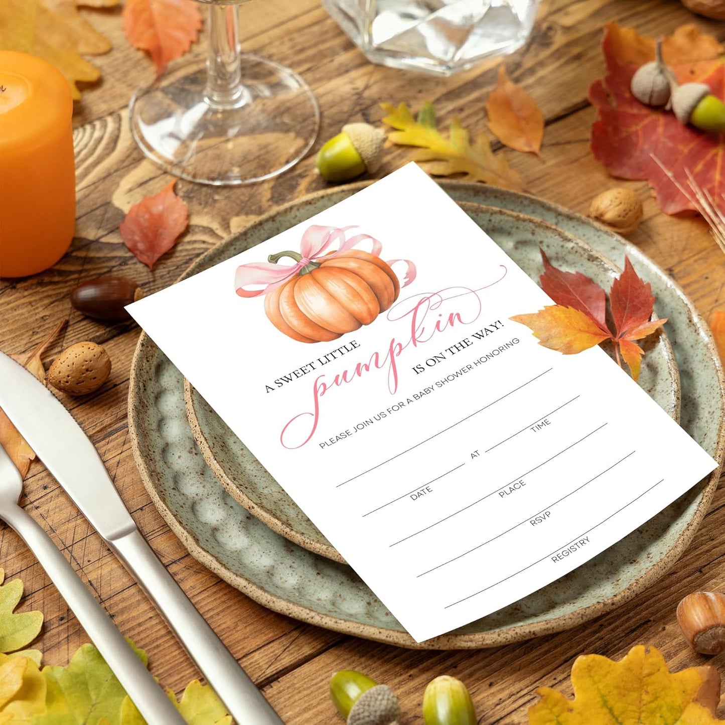 Pink Pumpkin Baby Shower Invitations - “A Sweet Little Pumpkin Is On The Way” Design with Envelopes And RSVP Cards - 20Pcs Fill In Baby Shower Party Cards(4 x 6 Inch) (042)