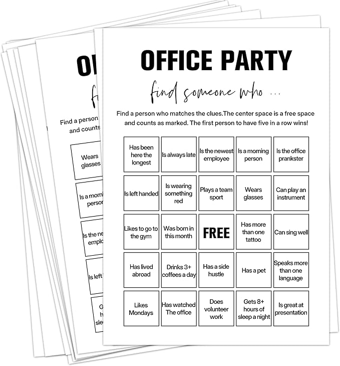 Sahjzk Office Bingo Cards, 25 Unique Randomized 5x7 Sheets, Get to Know You Bingo Game for Adults, Ice Breaker Office Party Games, Team Building Games for Work, High Replay Value - B005