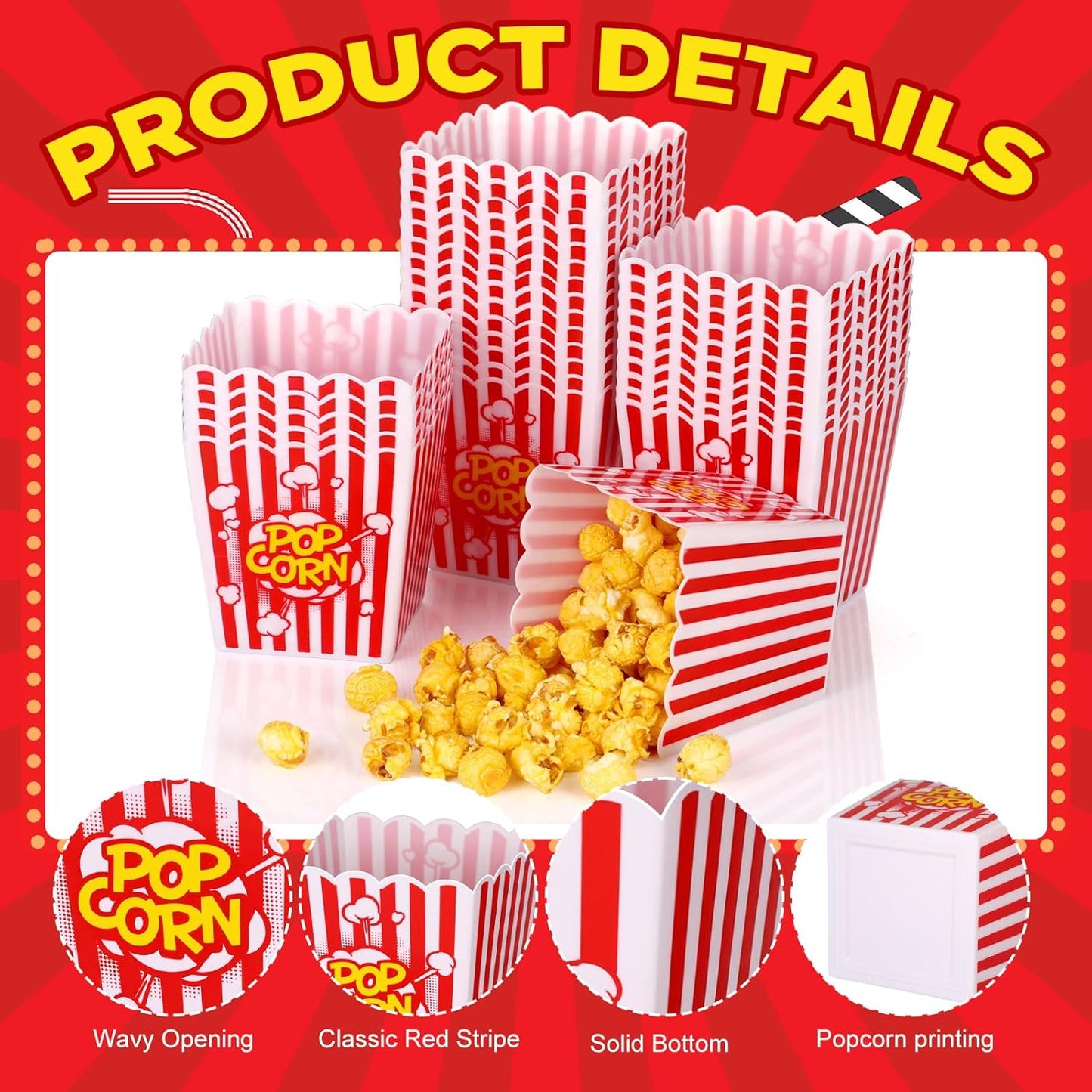 LemonRoad 30 Pcs Plastic Open Top Popcorn Boxes Red and White Striped Classic Popcorn Reusable Movie Theater Style Container Set Bucket Tub for Cinema and Home Use 3.94 Tall x 3.94 Square
