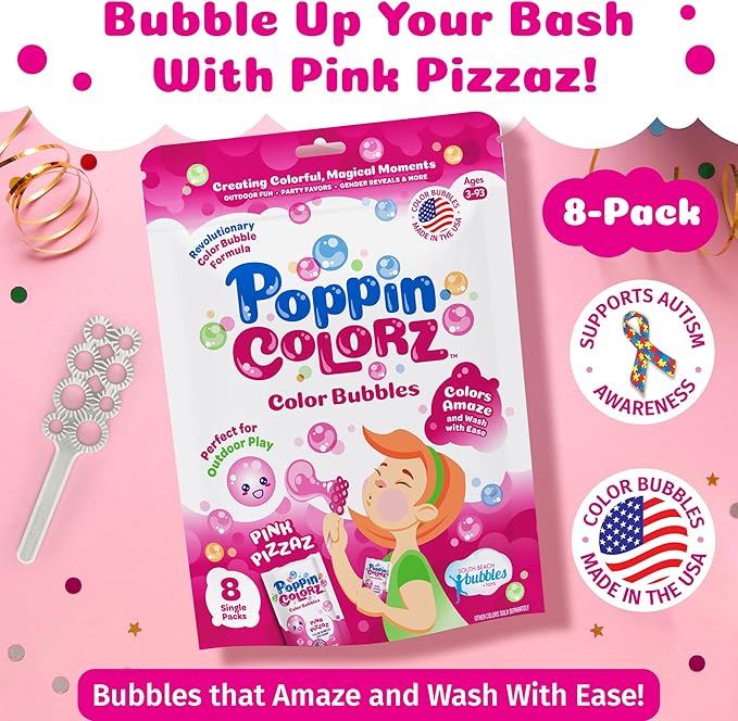 PoppinColorz Pink Pizzaz Little Bubbles Party Favors – 8-Pack for Kids with Wands, Non-Toxic Party Favor for Birthday, Gender Reveal & Outdoor Fun – Bubbles Made in USA