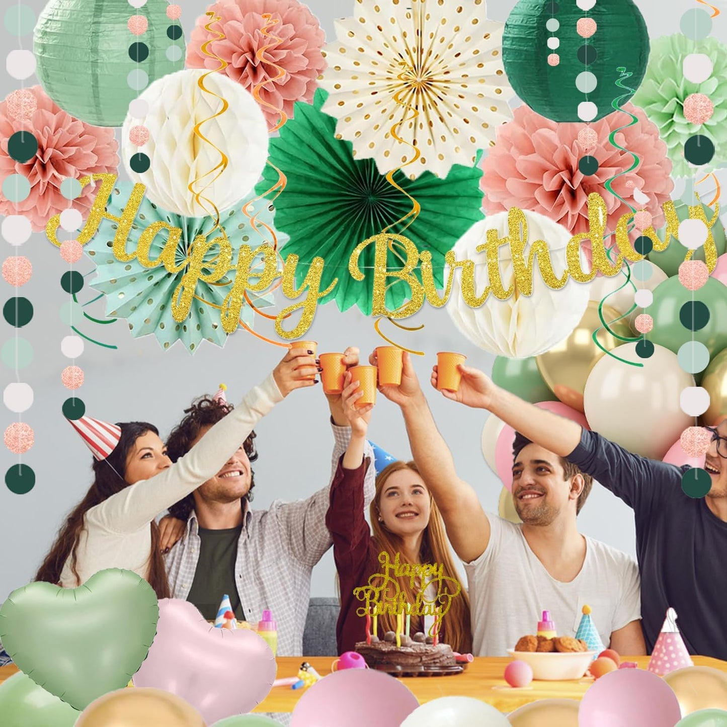 Sage Green Pink Birthday Decorations - 62pcs Happy Birthday Banner, Olive Retro Beige Paper Lanterns Pom Poms, Green Pink Balloons , Neutral Streamers Garland, Birthday Decorations for Women Girl Boys