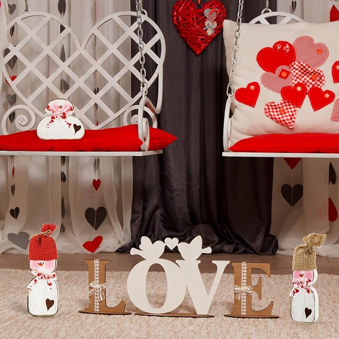 6 Pcs Valentines Day Wood Snowman Table Decorations Winter Snowman Tabletop Block Sign Rustic Farmhouse Xmas Tiered Tray Decor for Christmas Winter Holiday Home Office Shelf Party Decor