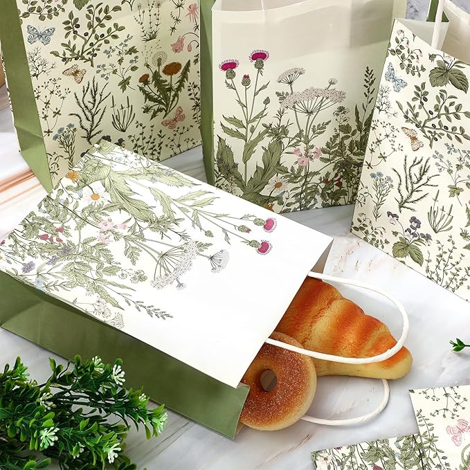36Pcs Sage Green Wildflower Paper Gift Bags Vintage Wild Floral Party Favor Bags with Handles Decorative Goodie Candy Treat Bags for Spring Wedding Baby Shower Birthday Party Supplies