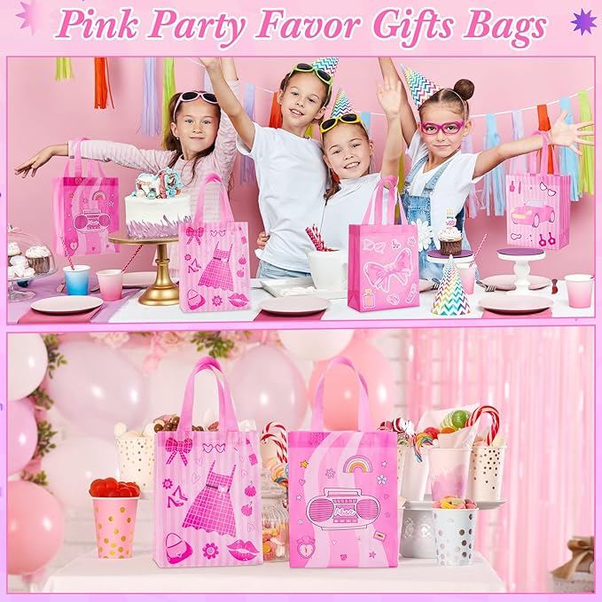 Wesnoy 48 Pcs Pink Gift Bags Bulk 10 x 8 x 4 Inch Princess Sweet Party Favors - Reusable Non Woven Hot Pink Goodie Bags Candy Treat Tote with Handles for Coquette Birthday Party Supplies
