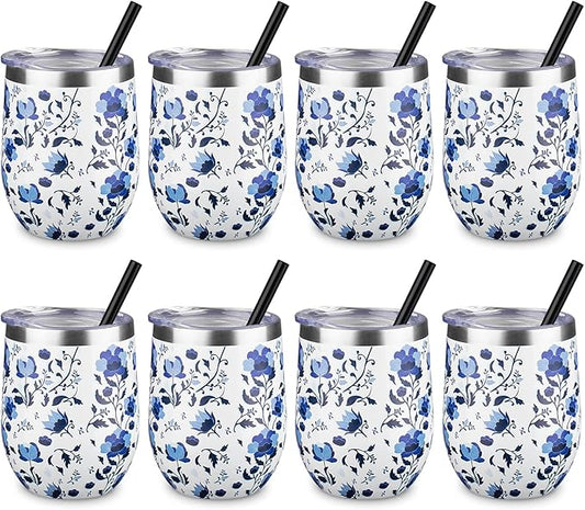 12 oz Insulated Wine Tumbler with Lid and Straw,Stainless Steel Stemless Wine Tumbler Glasses Double Wall Vacuum Wine Cups Tumbler Bulk for Coffee,Cocktail,Office (Blue and White Porcelain,8)