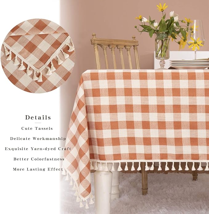 Rustic Gingham Tablecloth, Cotton Buffalo Plaid Table Cloth for Fall Thanksgiving Christmas Kitchen Restaurant Holiday Outdoor Picnic Decoration（Rectangle/Oblong, 55x84,Orange