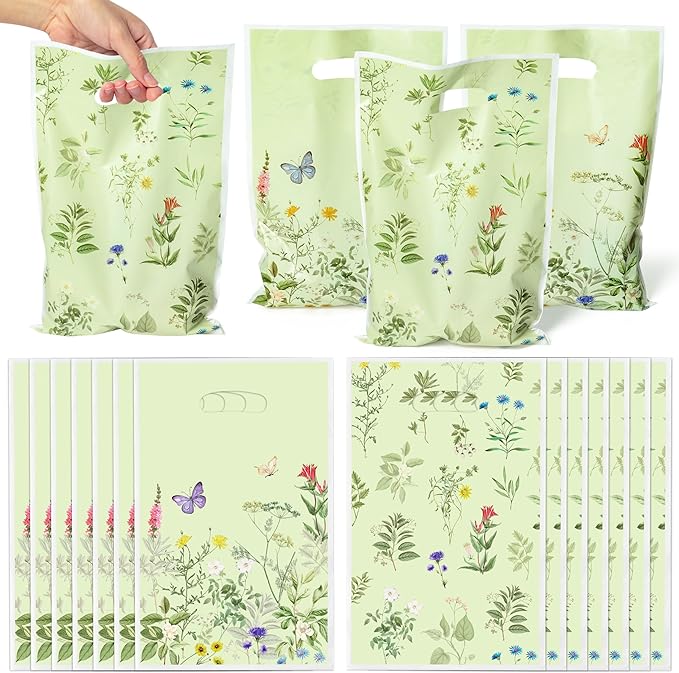 Herb Flower Party Favor Bags - 50Pcs Plastic Herb Wildflowers Candy Goodie Treat Gift Bag with Handles Rustic Farmhouse Floral Wedding Birthday Party Supplies Baby Shower Decor