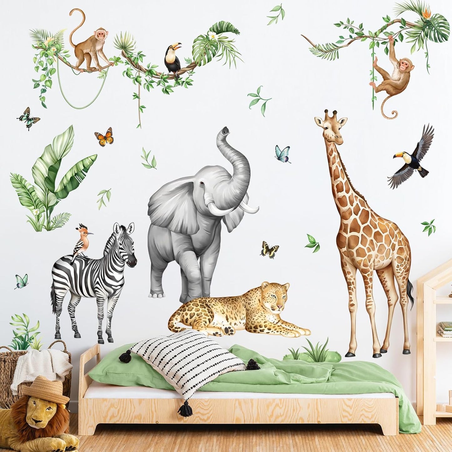 Jungle Safari Animal Wall Decals for Kids Room - Wildlife Wall Stickers Giraffe Elephant Leopard Zebra Monkey Removable Vinyl Nursery Decor for Baby Toddlers Classroom Playroom Wall Decor