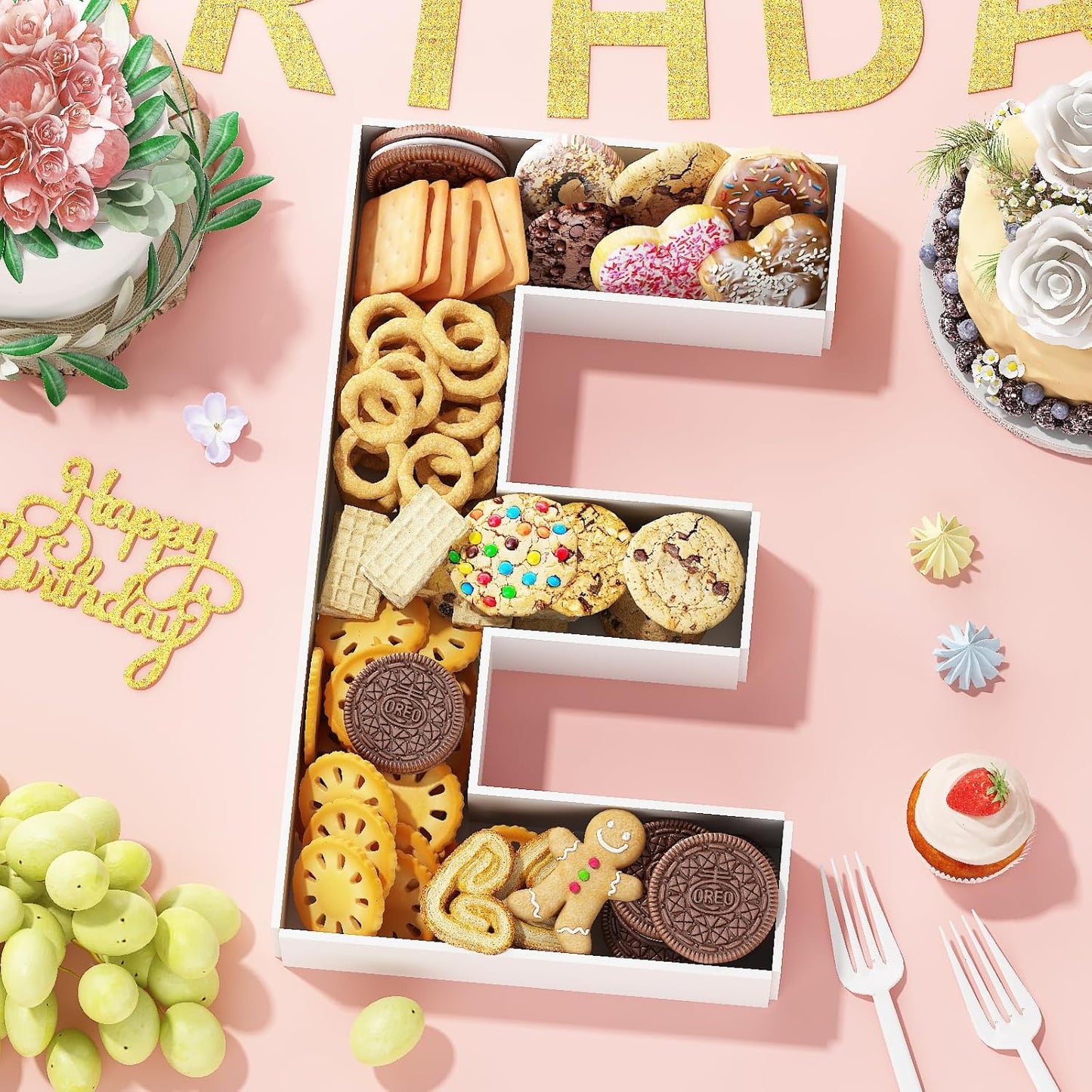 ONE Charcuterie Board Letters Fillable, ONE Cardboard Letters for Charcuterie, ONE Letters for Food Chocolate Cupcake Candy, Paper Mache Letter Trays for Birthday Baby Shower Anniversary Decoration