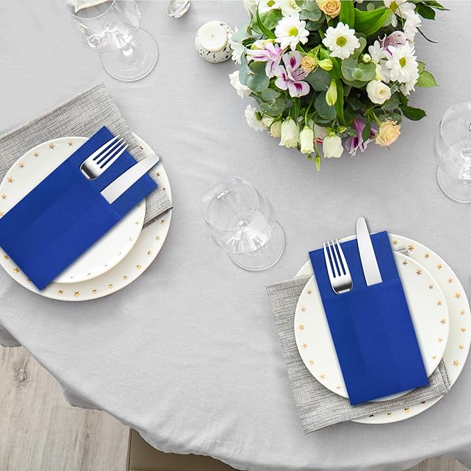 Royal Blue Napkins Hand Towels Disposable, Linen-Feel Dinner Napkins with Prefolded Built-in Flatware Pocket, Guest Paper Hand Towels For Wedding, Dinner Or Party (16x16in, 50Pack）