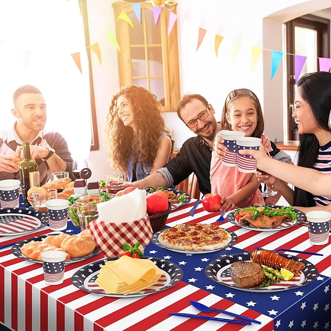 Childom Patriotic Party Supplies,152Pcs American Flag Themed Party Set,Patriotic Party Decorations,American Flag Tablecloth,4th of July Plates Cups,Red White and Blue Decor for Outside,Picnic,Memorial