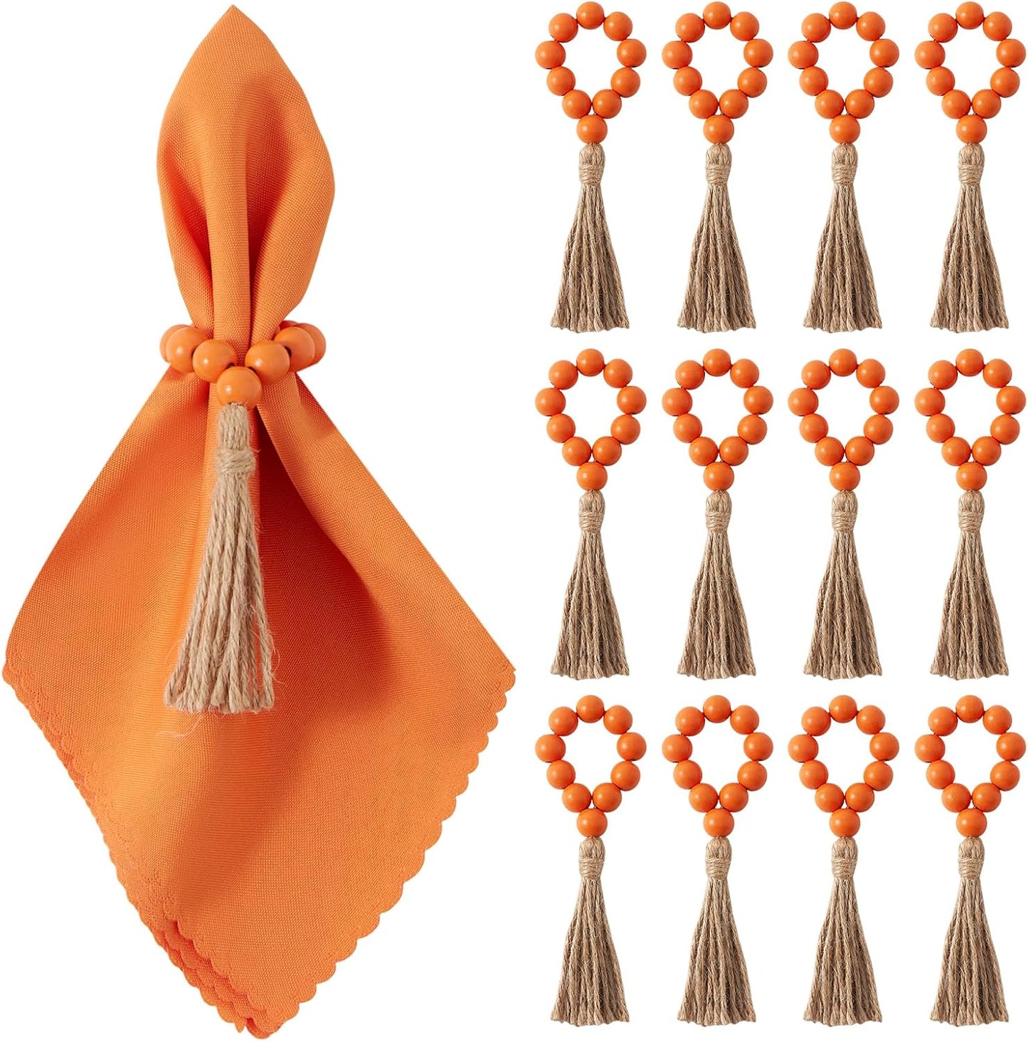 AWTWOW Napkin Rings Set of 12, Orange Wooden Bead Napkin Rings for Table Decor, Thanksgiving Farmhouse Napkins Rings for Boho Table Decor, Fall Banquet, Wedding, Holiday Dinner Party, Easter