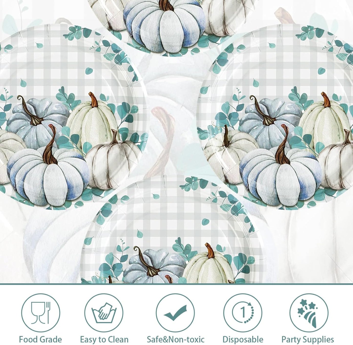 Grencian 50 Pcs Fall Blue Gingham Paper Plates 7" Blue Pumpkin Plates Disposable Thanksgiving Platter Fall Party Decorations for Thanksgiving Autumn Holiday Harvest Birthday Party Supplies