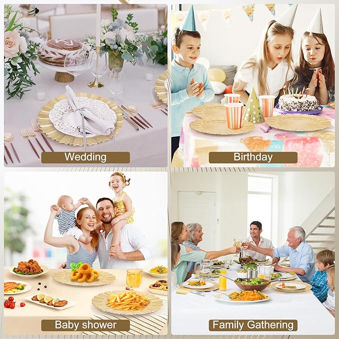 6 Pcs Gold Charger Plates,13 Inch Elegant Fluted Edge Plastic Charger Plates Reusable Table Chargers for Dinner Birthday Wedding Party Bridal Showers Tableware Dishes Luxury Decor