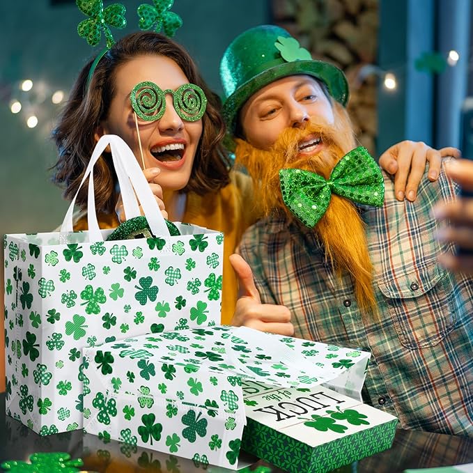 Abbylike 30 Pcs St Patrick's Day Lucky Gift Bag Large Irish Gift Bags Shamrock Candy Green Non Woven Bags for Party Favor