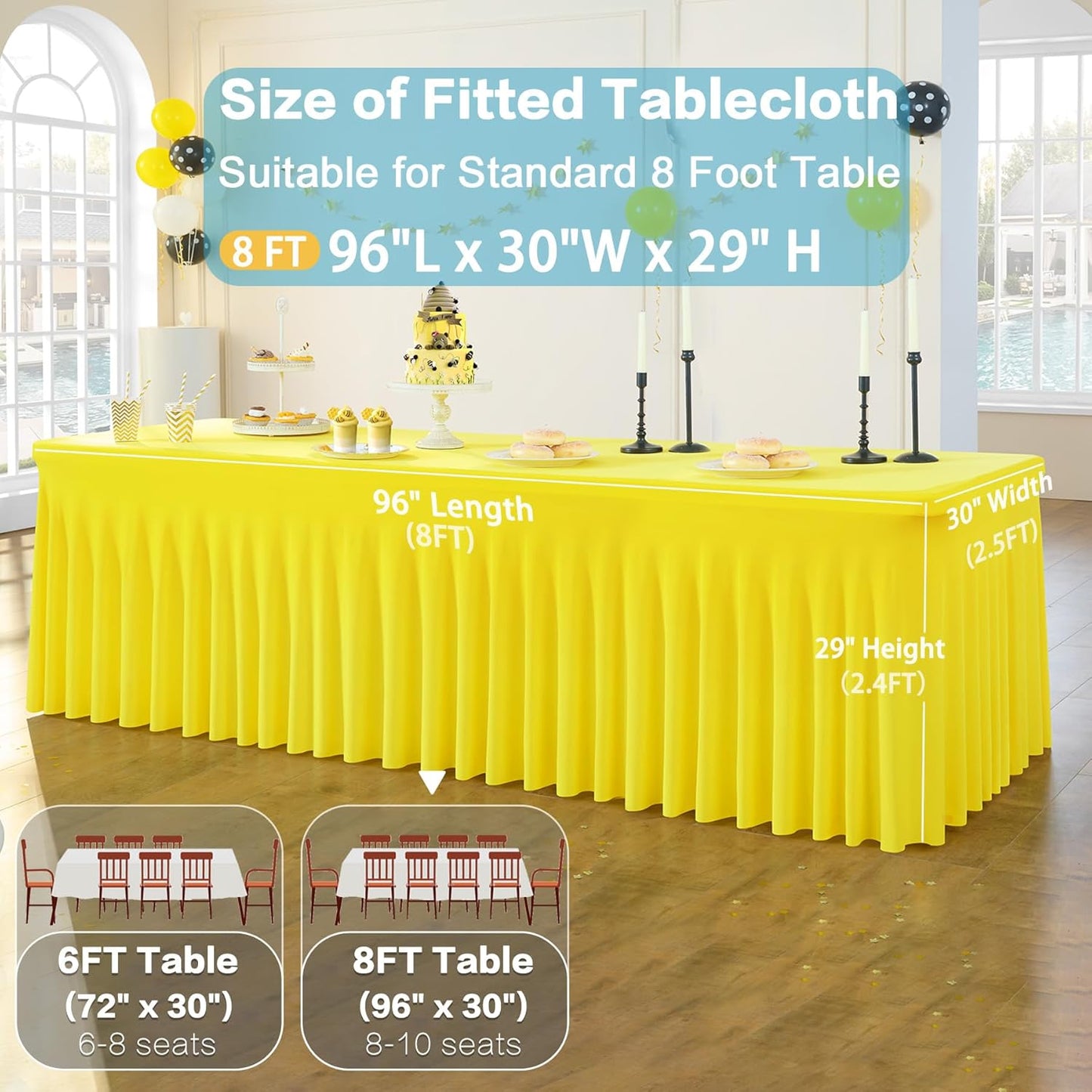 2 Pack Yellow Spandex Table Clothes for 8 Foot Rectangle Tables, Wrinkle Free Lemon Fitted Tablecover 8ft Stretchy Tablecloths with Skirt for Parties Weddings Birthday Banquet Baby Shower