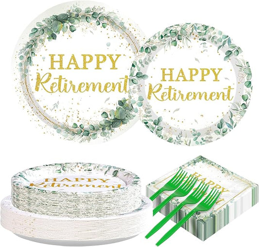 Grencian 200Pcs Sage Green Retirement Party Decorations Greenery Happy Retirement Plates and Napkins Gold Green Retire Tableware Set for Women Men Teachers Goodbye Going Away Party Supplies Serves 50