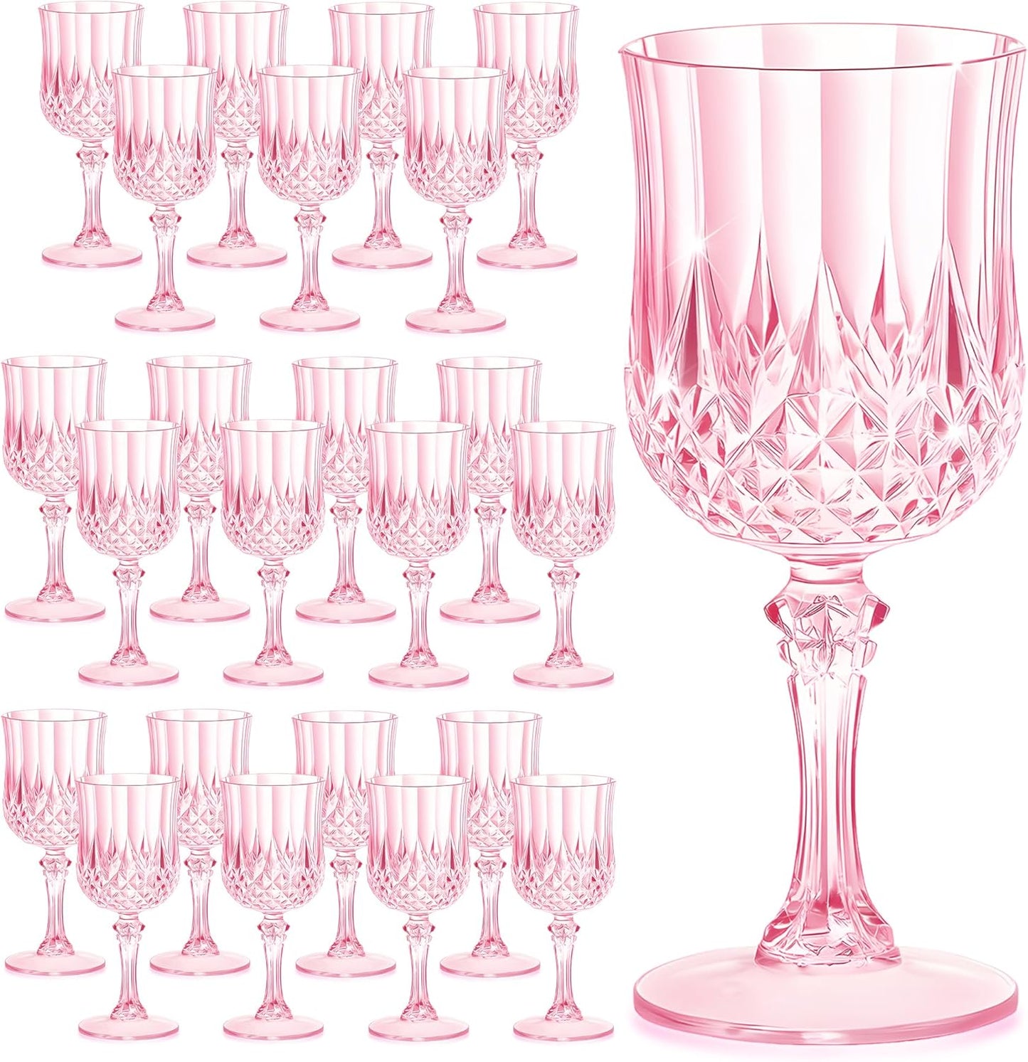 24PCS 7OZ Pink Wine Plastic Glasses, Drinking Champagne Glasses Flutes Crystal Vintage Water Unbreakable Goblets for Wedding, Parties