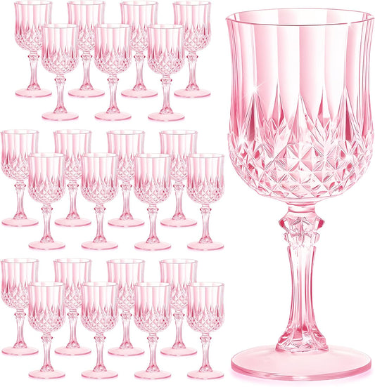 24PCS 7OZ Pink Wine Plastic Glasses, Drinking Champagne Glasses Flutes Crystal Vintage Water Unbreakable Goblets for Wedding, Parties