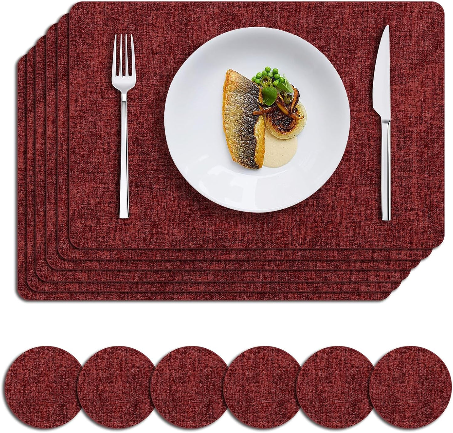 MOSAYT Faux Leather Christmas Placemats Set of 6, Heat Resistant Wipeable Washable Vinyl Place Mats with Coasters, Waterproof Oil Proof Table Mat for Kitchen Dining Party Indoor, 12" x 18", Red