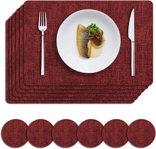MOSAYT Faux Leather Christmas Placemats Set of 6, Heat Resistant Wipeable Washable Vinyl Place Mats with Coasters, Waterproof Oil Proof Table Mat for Kitchen Dining Party Indoor, 12" x 18", Red