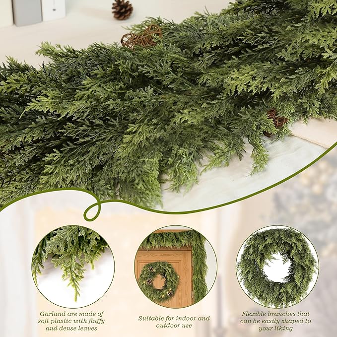 6FT Christmas Garland Cedar Garland Real Touch Faux Greenery Cypress Garlands for Mantle,Table,Wall,Christmas Decorations Indoor Outdoor