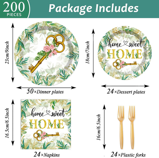 50 Guests House Warming Party Supplies Decoration Housewarming Party Plates and Napkins Forks Sweet Home Tableware Decor Rustic Floral Paper Disposable Plates for New House Wedding Supplies 200PCS
