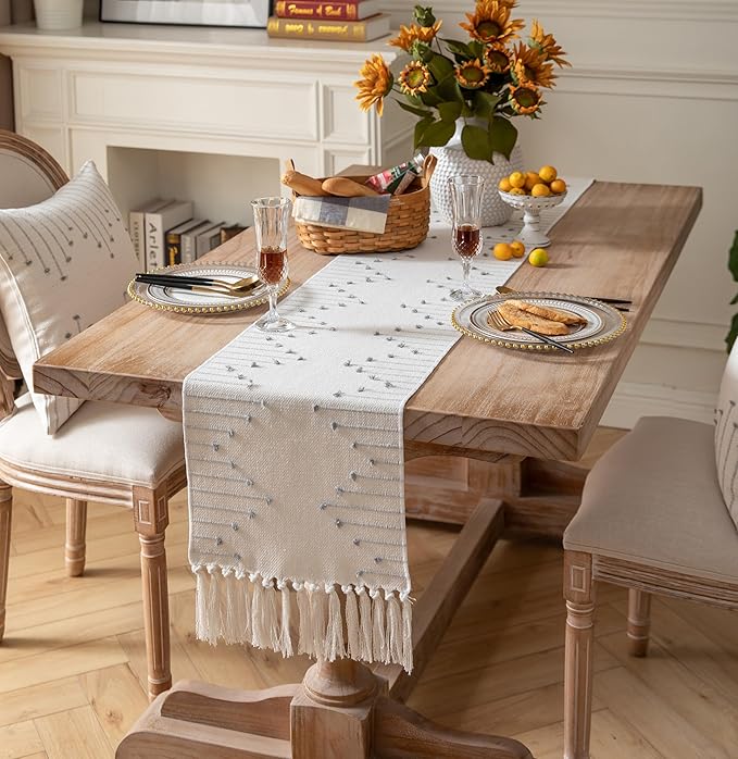 Boho Table Runner 13 x 90 Inch Long Natural Cotton Woven Runner with Tassels for Home Dining Table décor, for Modern Farmhouse Decor Coffee Table Runner, Grey and Beige