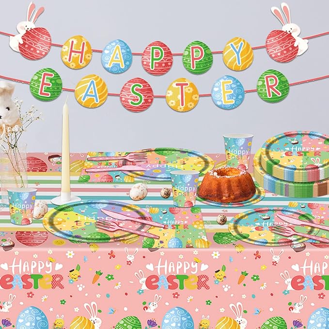 98PCS Easter Party Supplies Happy Easter Paper Plates and Napkins Colorful Easter Bunny Egg Tableware Set Spring Easter Party Decorations Easter Holiday Party Disposable Dinnerware Set for 16 Guests