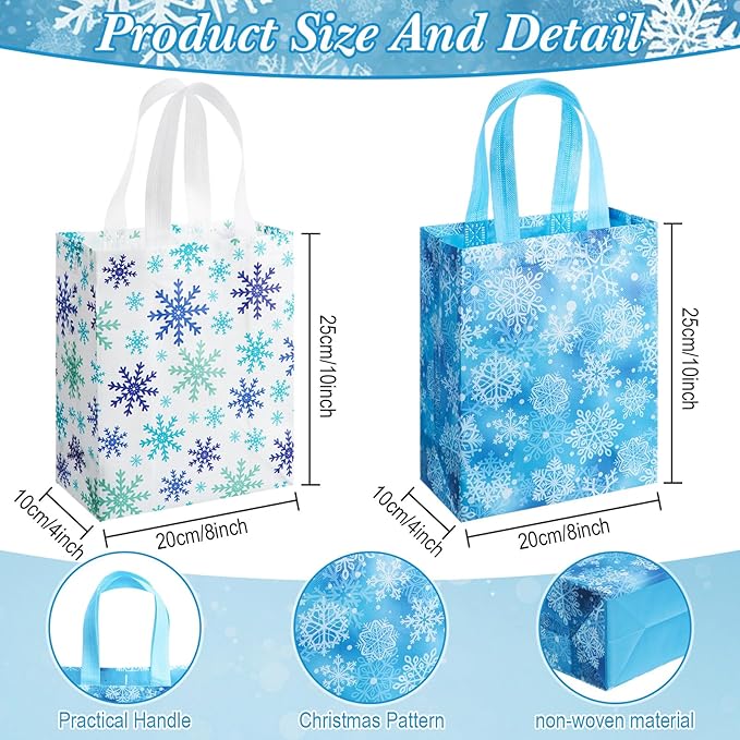 Wovnet 30 Pcs Christmas Bags Bulk Blue and White Snowflake Winter Merchandise Gift Bags with Handles Reusable Non Woven Tote Shopping Goodie Pouch for Xmas Party Favors Supplies 10 x 8 x 4in