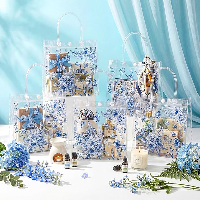 Kacctyen 24 Pcs Gift Bags for Party Favor Clear Goodie Bags with Handle 7.87 x 7.87 x 3.15 Return Gift Wrap Totes for Guests Treat Candy Wrapping (Blue Floral)