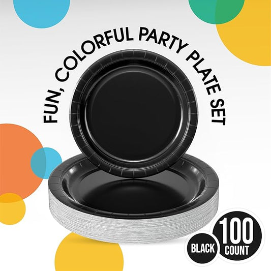 Exquisite Black Paper Plates Disposable Heavy Duty 100 Pcs - 50-7" & 50-9" Black Disposable Plates For Party Heavy Duty Paper Plate 350 GSM Birthday Party Supplies Plate Set