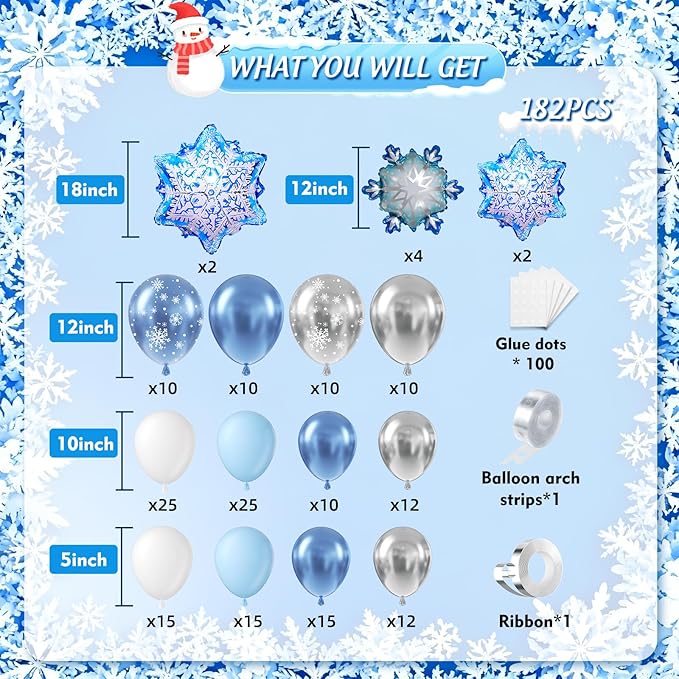 Snowflake Balloon Arch Garland Kit 182pcs, Frozen Balloon Arch Kit Silver Blue White Wonderland Balloons for Winter Wonderland Christmas Baby Shower Snow Princess Birthday Party Decorations