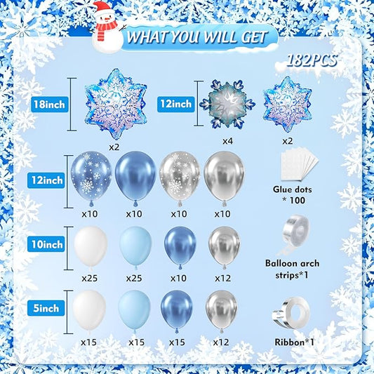 Snowflake Balloon Arch Garland Kit 182pcs, Frozen Balloon Arch Kit Silver Blue White Wonderland Balloons for Winter Wonderland Christmas Baby Shower Snow Princess Birthday Party Decorations