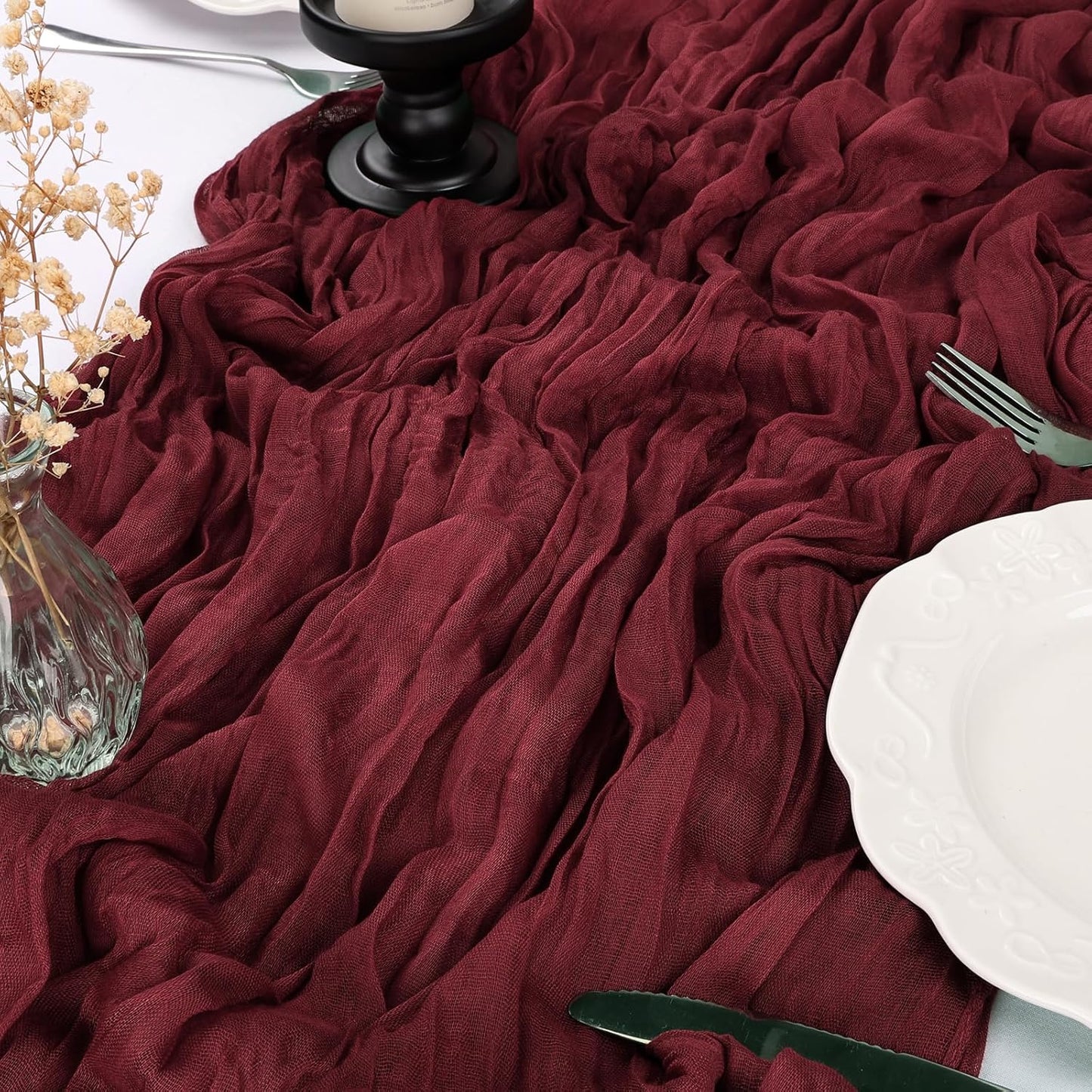 12 Pack 10FT Burgundy Christmas Cheesecloth Table Runner Table Runner 35x120 Inch Gauze Rustic Boho Cheese Cloth for Thanksgiving Wedding Decor Birthday Party Baby Shower Centerpiece Decoration