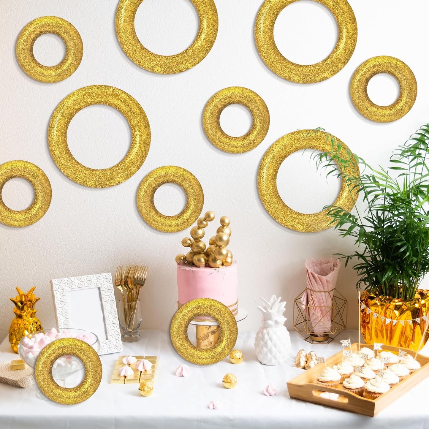 12 Pack Gold Rings Party Decorations, Cartoon Themed Gold Power Form Ring Golden Glitter Rings for Baby Shower Decor Birthday Party Supplies