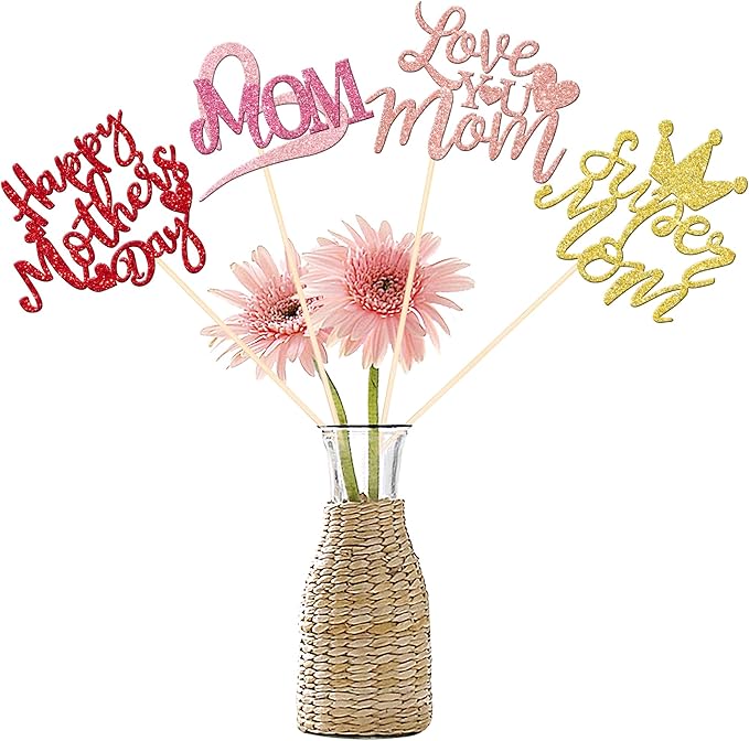 12 PCS Happy Mother's Day Centerpiece Sticks Double Sided Glitter Love Super Mom Best Mom Centerpieces for Happy Mother's Day Theme Table Flower Decorations Women Birthday Party Supplies Colorful