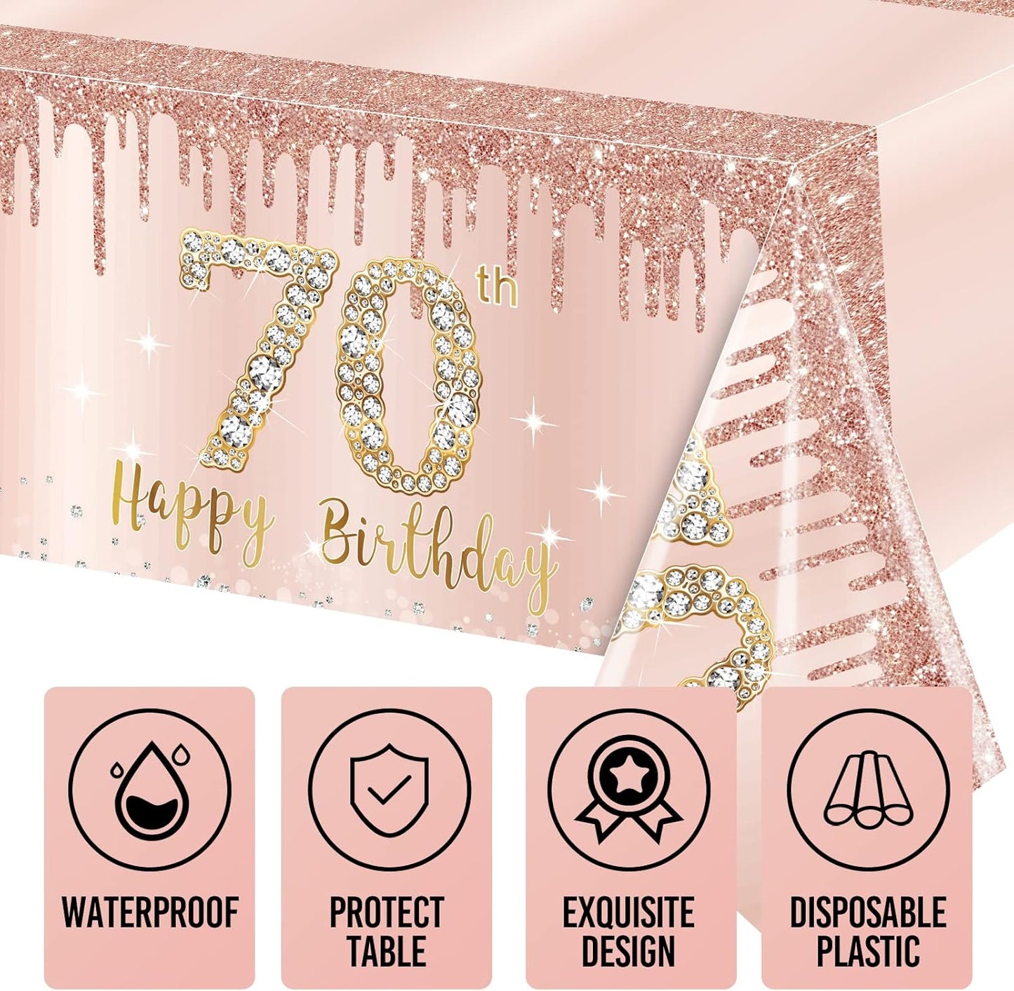 3 Pack 70th Birthday Tablecloth Decorations for Women, Pink Rose Gold Happy 70 Birthday Table Cover Party Supplies, Seventy Year Old Birthday Plastic Disposable Rectangular Table Cloth Decor