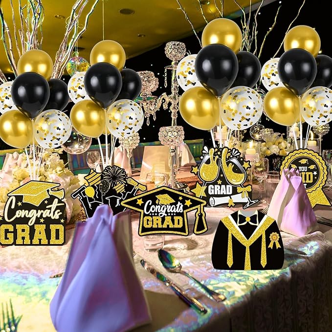 6 Sets Black Gold Graduation Balloon Stand Kit for Table Decorations Class of 2025 Congrats Grad Table Centerpiece Grad Prom Themed Decoration for Grad School & College Ceremonies Party Supplies