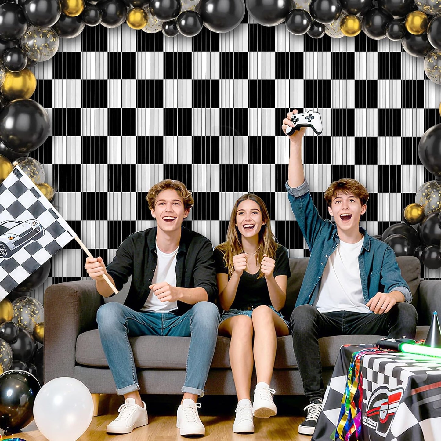 Crosize 3 Pack 3.3 x 9.9 ft Black & White Foil Fringe Curtains Party Decorations, Black & White Tinsel Curtain Backdrop for Parties, Door Streamers, Glitter Streamer Backdrop for Birthday Decoration