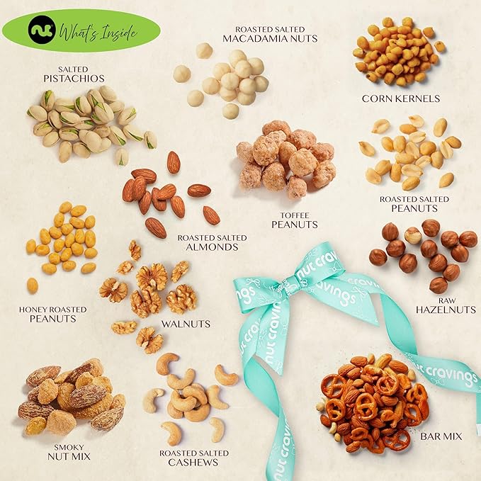 NUT CRAVINGS Gourmet Collection - Thank You Appreciation, Nuts Gift Basket with TY Ribbon + Greeting Card in Reusable Wooden Tray (12 Assortments) Food Arrangement, Healthy Snack Care Package