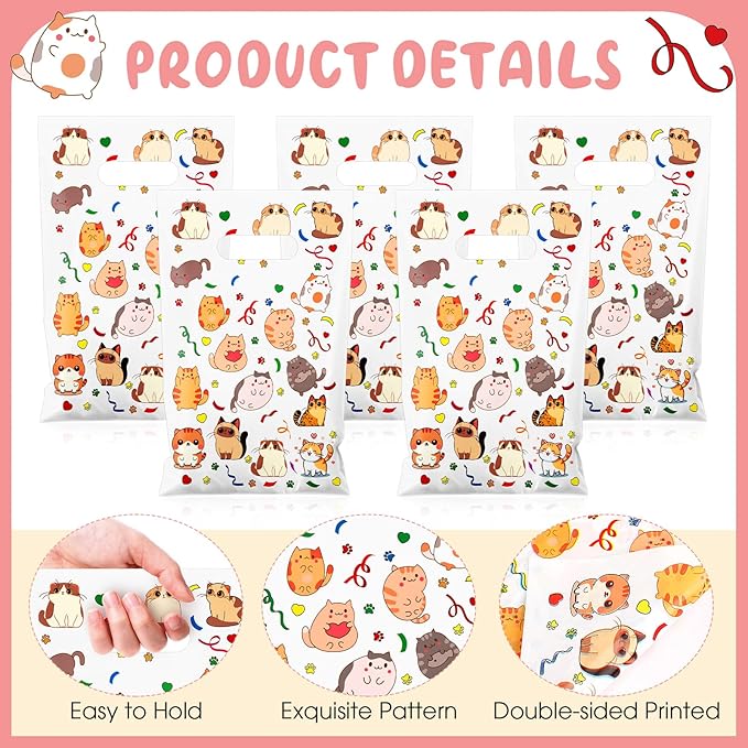 Supervitae 100 Pcs Cat Party Favor Bags Cute Kitten Plastic Goodies Bags Bulk with Handles for Cat Themed Birthday Animals Pet Paw Snacks Cookies Candy Treat Decoration Supplies