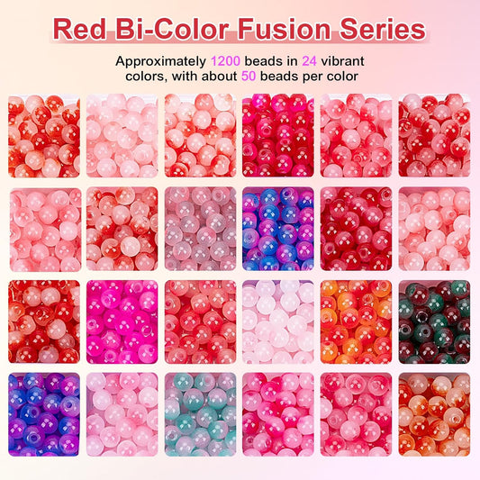 XSEINO About 1200+ pcs 6mm Glass Beads Bracelet Making Kit, 24 Assorted Red Bi-Color Fusion Series Crystal Beads for Jewelry Making, DIY Crafts, Friendship Bracelets