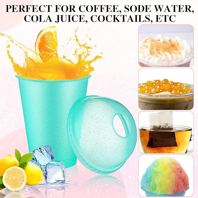 6 Set Slushie Cups with Dome Lids and Straws Detachable Spoon Straws Reusable Plastic Iced Coffee Cups Smoothie Tumbler for Birthdays Summer Party Supplies(Multi Color,16 oz)
